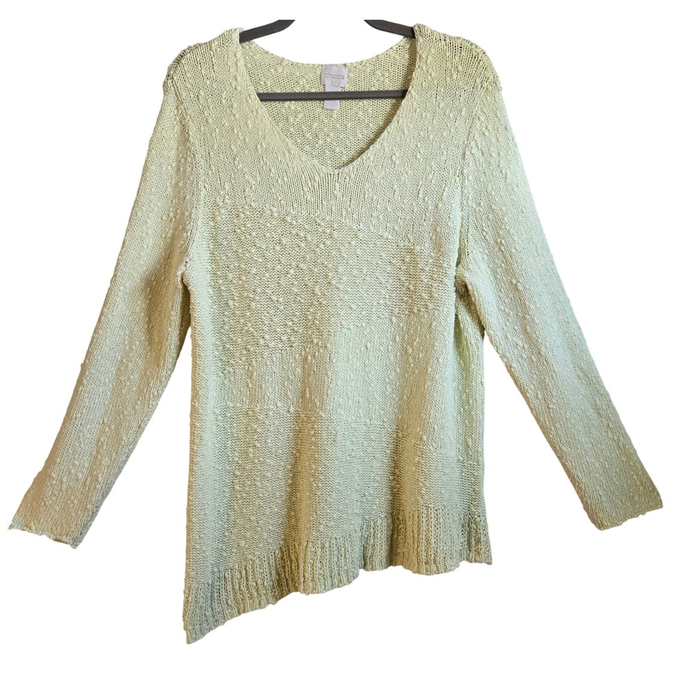 Chicos Women L Boho Lemon Silver Metallic Textured Asymmetrical Hem Sweater 3/XL